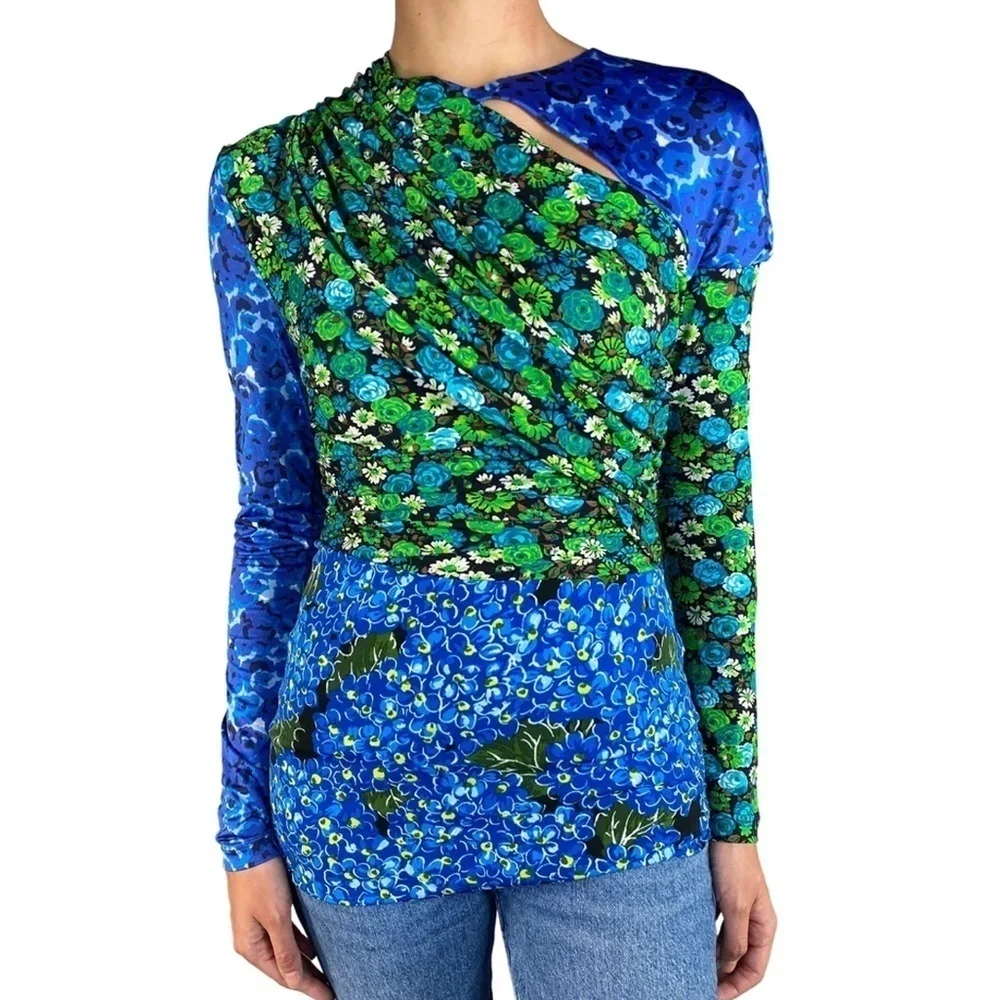 ZARA Patchwork Floral Blouse Top Keyhole Neckline Ruched Draped Cape Sleeve NWOT - Picture 11 of 16